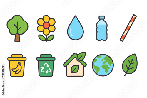 Eco-friendly flat icon set. recycling, sustainability, and nature icons collection