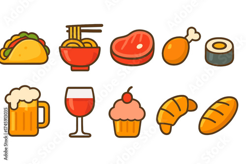 Food and drinks icon set. flat style collection of culinary and beverage icons
