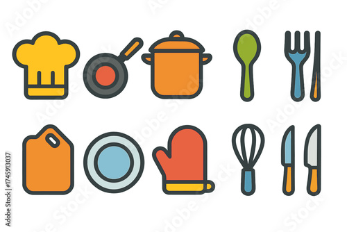 Cooking, kitchen outline icon set. chef, food preparation essentials icons collection