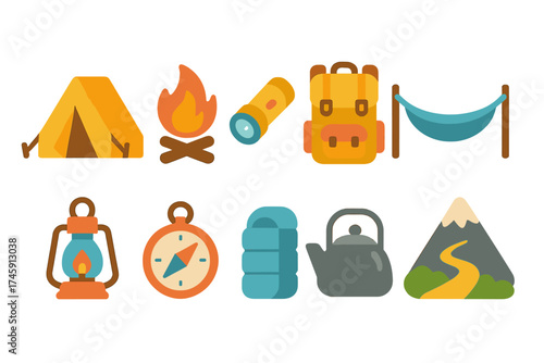 Camping flat icon set. outdoor, adventure symbols in colorful flat style.