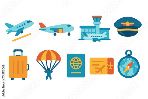 Travel and vacation linear icon set: transport, accommodation, adventure essentials