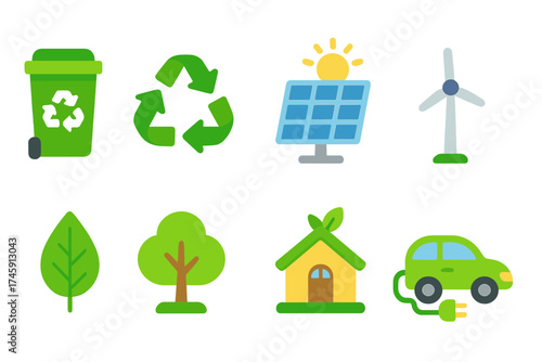Eco-friendly, renewable energy icon set. green, sustainability icons in flat style