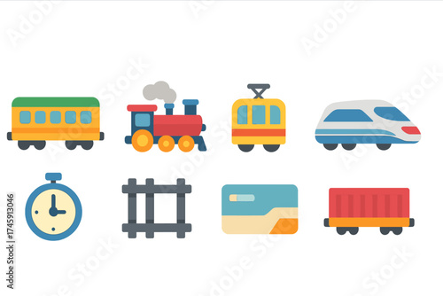Transport, railway flat icon set. train, travel, railway icons collection in flat style