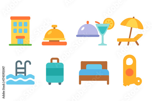 Neon gradient flat icon set. hotel, travel, vacation icons for booking platforms
