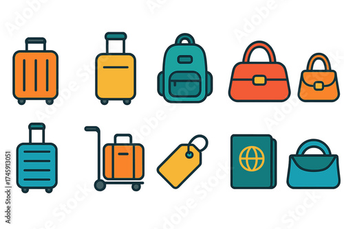 Travel and tourism linear icon set. bag, suitcase, passport icons for vacation planning