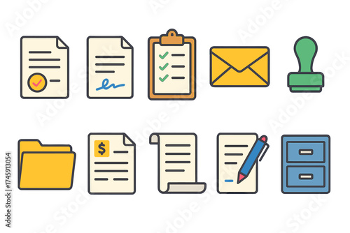 Office and document management icon set. organization, file handling icons in outline style.