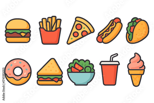 Fast food flat icon set. burgers, pizza, snacks, and drinks for quick cuisine