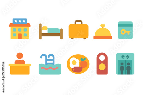 Hotel, hospitality flat icon set. accommodation, travel icons flat collection