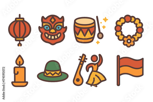 Cultural festival flat icon set. celebratory, traditional objects, festive decorations