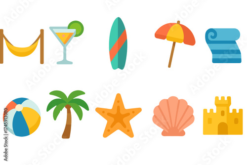 Beach and vacation icon set. flip-flops, sand castle, cocktail outline icons