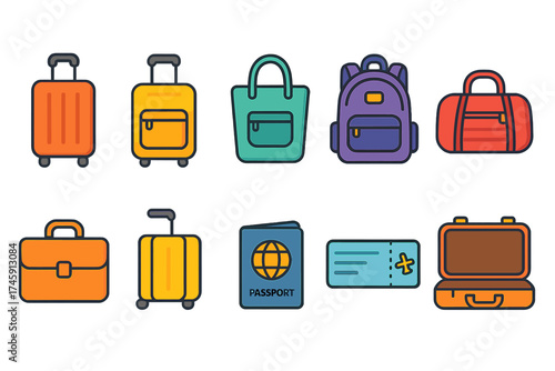 Travel essentials outline icon set. suitcase, passport, luggage outline style collection