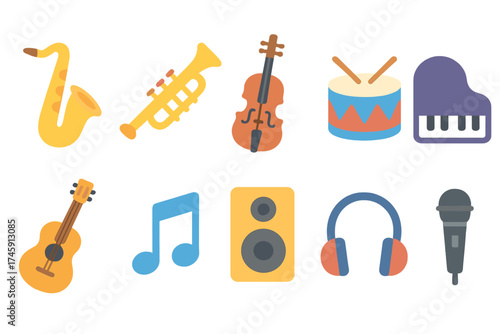 Music instruments icon set. vibrant, flat icons collection for entertainment and art