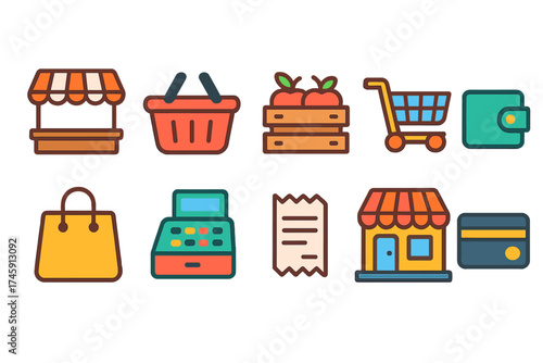 Shopping and retail icon set. colorful outline collection for online stores