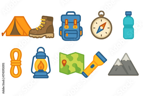 Camping, outdoors 3d icon set featuring gear, map, and adventure essentials