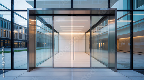 Modern glass automatic sliding doors with brushed metallic frames at a contemporary office building entrance, reflecting a clear blue sky.