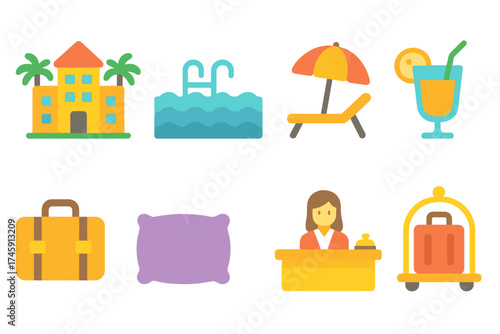 Hotel and hospitality neon icon set. accommodation and travel icons in glowing style.