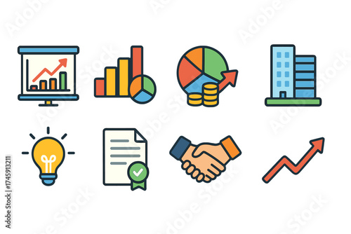 Business and finance 3d icon set. charts, graphs, and office tools collection