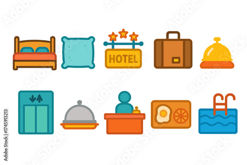Hospitality and tourism flat icon set. hotel, travel, amenities, accommodation graphics