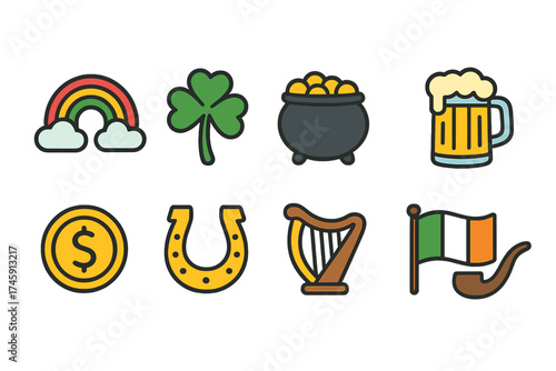 St. patrick’s day flat icon set. irish symbols, holiday, celebration, luck icons collection