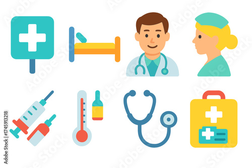Healthcare, medical flat icon set. nurses, doctors, tools, medicine icons collection