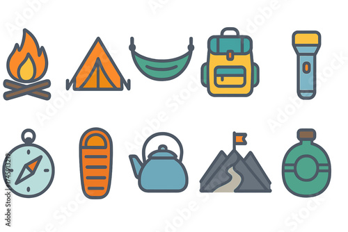Camping equipment outline icon set. outdoor, adventure, hiking gear outline collection