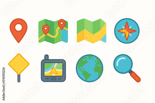 Navigation and geolocation icon set. travel, map, gps icons in flat style