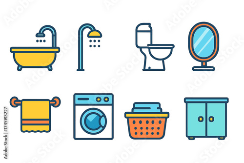 Home bathroom flat icon set. laundry, hygiene, bathroom essentials collection