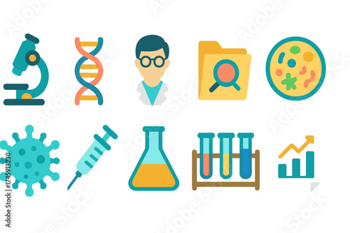 Science and laboratory line icon set. microscope, dna, flask, graph icons in outline.