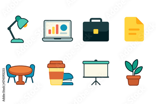 Office and workspace icon set in neon style. business, work tools, neon icons collection