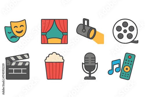 Entertainment, performing arts flat icon set. theatre, music, movies icons collection