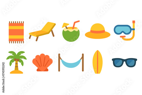 Vacation relaxation icon set with neon glow. tropical and summer flat icons collection.