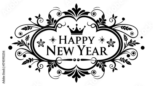 Happy new year ornamental flourish vector illustration scalable decorative typography graphic art silhouette White background