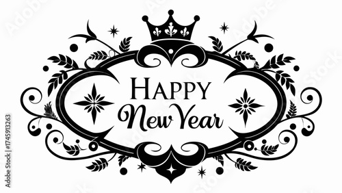 Ornamental happy new year vector design with crown and starbursts festive greeting illustration scalable silhouette White background