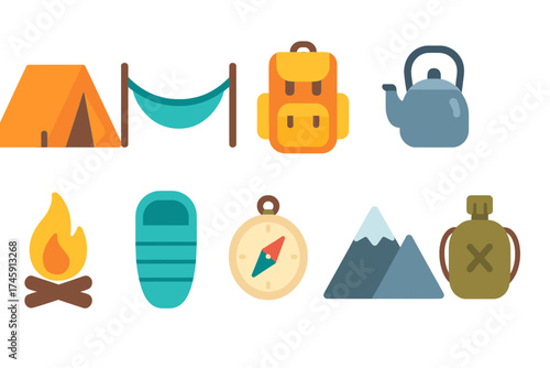 Camping and hiking filled icon set. outdoor adventure symbols collection
