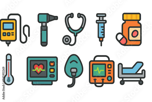 Healthcare, medical outline icon set. essential health equipment, tools icons collection.