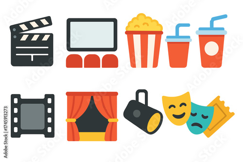 Cinema and entertainment flat icon set. movie, theater, popcorn, and film symbols.