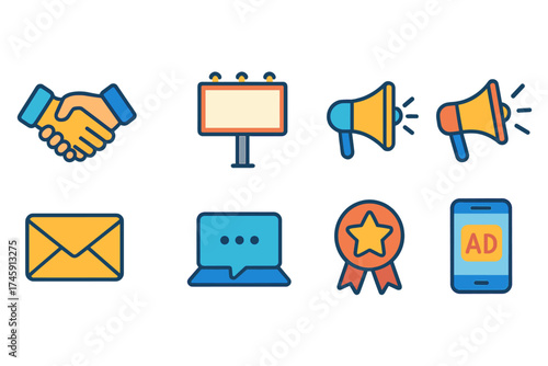 Marketing and advertising icon set. colorful outline collection for business promotion.