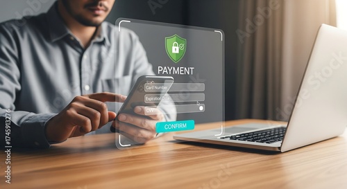 Secure Online Payment Man using smartphone and laptop to complete a digital transaction with a shield icon, digital payment, technology
