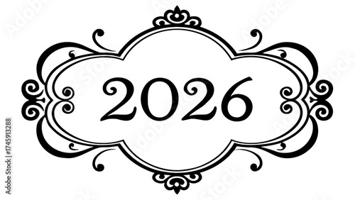 Elegant ornate flourish frame with year 2026 typography vector illustration scalable eps icon silhouette White background