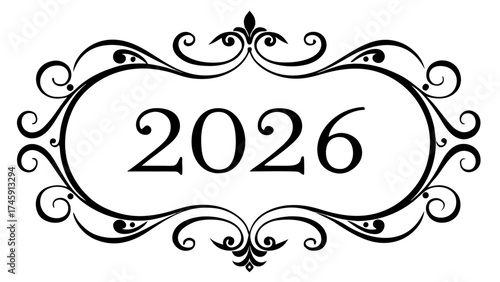 Elegant ornamental frame vector design featuring the year 2026 in classic typography silhouette White background