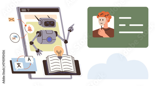 Robot operating on a device enables learning, translation, messaging, and notification management. Ideal for technology, AI, education, communication automation innovation simplicity. Simple flat