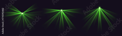Party laser beams, green disco show spotlights, concert stage lights. Glowing show lasers. Magic rays for a dance party. Vector illustration.