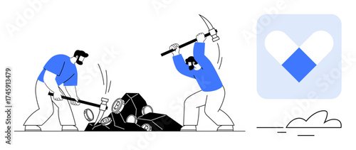 Two workers breaking rocks with pickaxe and hammer, emphasizing teamwork, productivity, effort. Ideal for business challenges, team building, determination, labor, resource extraction collaboration