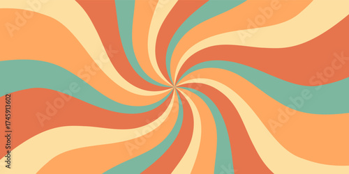 Retro groovy spiral sun pattern blends bold orange swirl and burst elements. Sunshine and y2k graphic create striking background, horizontal format for trendy wallpaper vibrant summer mood.