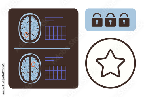 Brain scan diagrams with highlighted areas, grid overlays, padlock icons, and a star symbol. Ideal for health, security, neuroscience, quality cognition data protection healthcare. Simple flat