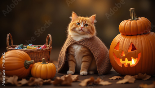 Photograph of an adorable orange tabby kitten with white chest and paws, wearing a brown knitted cape, sitting in the center. The kitten has a slightly curious expression, looking to the side.
