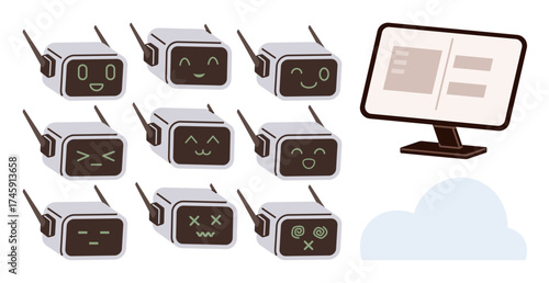 Nine robot faces with various facial expressions, computer screen with interface, and cloud icon. Ideal for AI, robotics, emotions, technology, software development, cloud computing innovation