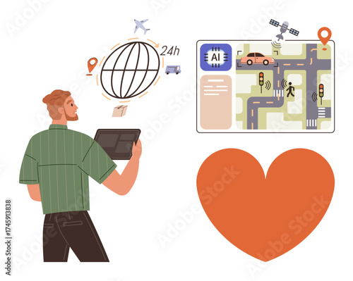 Man interacts with a tablet, viewing AI-integrated smart city map, global delivery symbols, and a red heart. Ideal for technology, logistics, urban planning, AI, innovation navigation connectivity