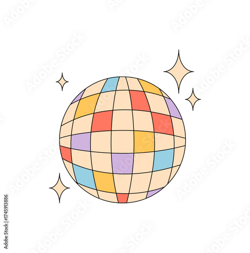 Groovy retro disco ball sticker in a funky and colorful style. Y2k party scene with music, sparkle, and a vibrant groovy element add cheerful flair. Ideal for pop or vintage fun design concepts.