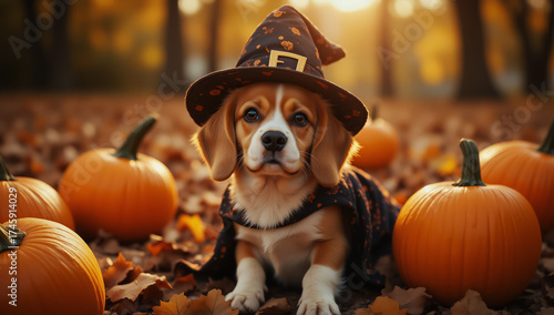 Photograph of a small, adorable Beagle puppy with white and brown fur, wearing a dark purple witch hat adorned with orange pumpkin patterns and a matching cape. The puppy is sitting in a forest